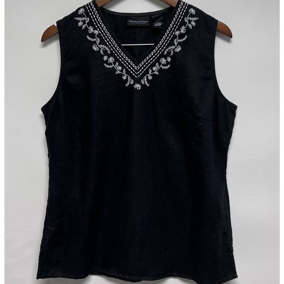Goodclothing Collection Tops - Black 100% Linen White‎ Embroidery Sleeveless Top Medium Boho Lagenlook Timeless